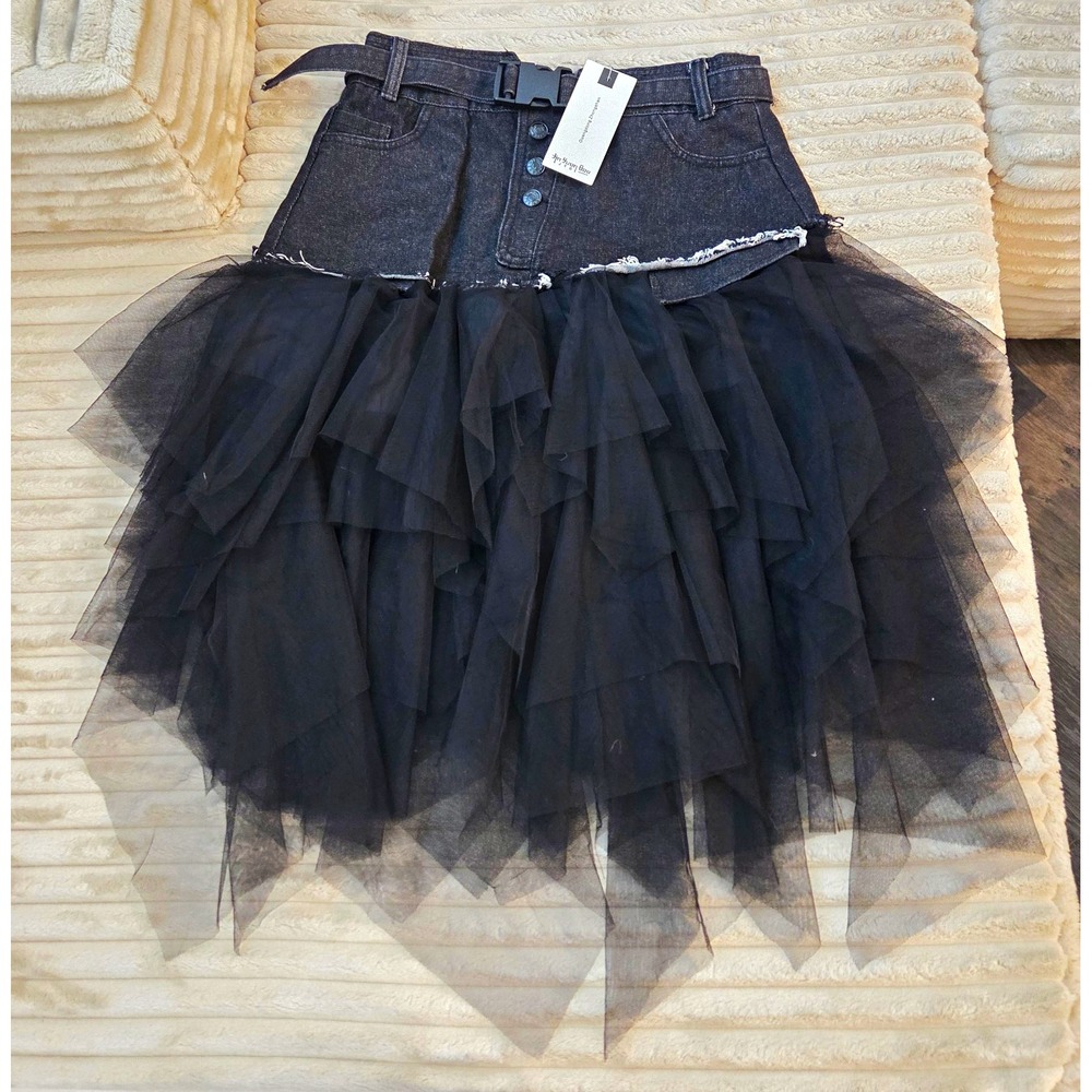 NWT Jin Yuan Bao Black Denim Tiered Tulle Asymmetric Gothic Maxi Skirt Size XL